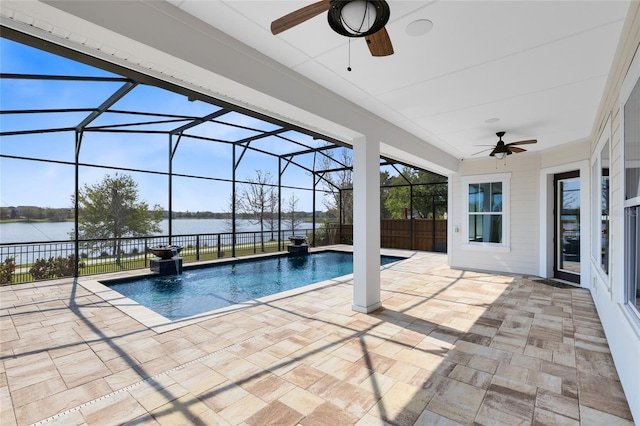 view of swimming pool with a water view, fence, a fenced in pool, a lanai, and a patio area