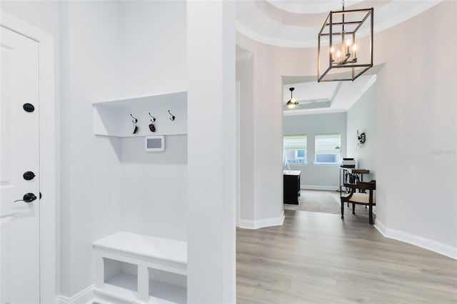 mudroom with baseboards, wood finished floors, a tray ceiling, and ornamental molding