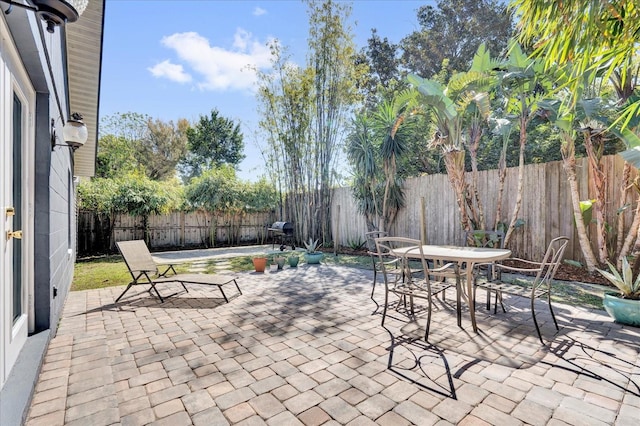 view of patio featuring outdoor dining space and a fenced backyard