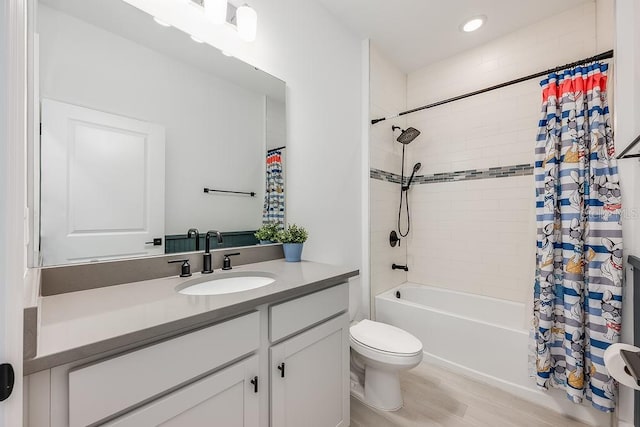 full bath with toilet, recessed lighting, wood finished floors, vanity, and shower / bathtub combination with curtain