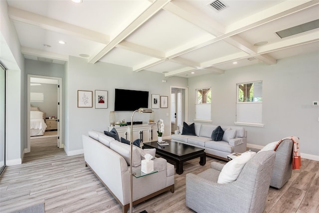 living room with beamed ceiling, baseboards, coffered ceiling, and light wood-type flooring