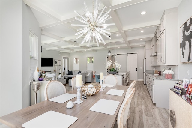 dining area with a notable chandelier, coffered ceiling, recessed lighting, a barn door, and light wood-style floors