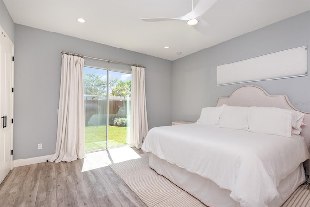 bedroom with a ceiling fan, access to outside, wood finished floors, recessed lighting, and baseboards