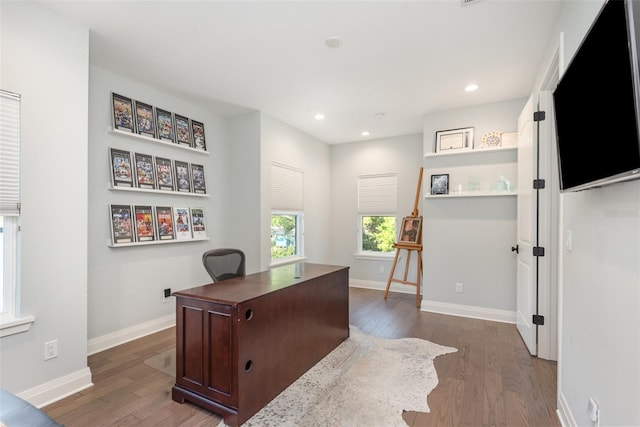 office area featuring recessed lighting, baseboards, and dark wood-style floors