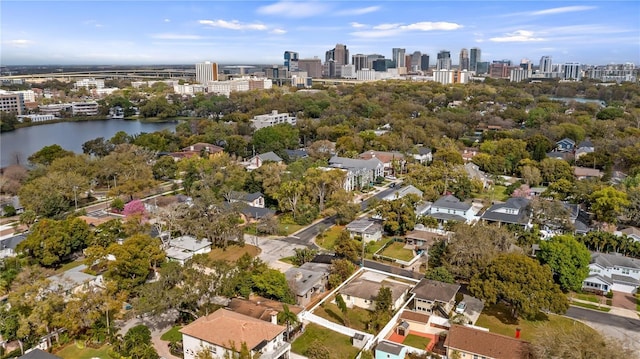 bird's eye view with a view of city and a water view