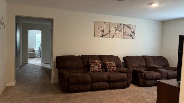 living room with baseboards, carpet floors, and a textured ceiling