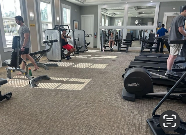 gym featuring recessed lighting, baseboards, and carpet floors