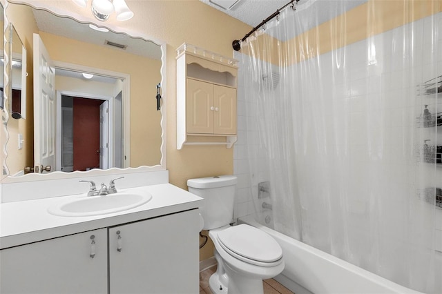 bathroom with visible vents, shower / bath combination with curtain, vanity, and toilet