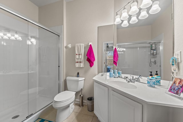 full bath with tile patterned floors, a shower stall, and toilet