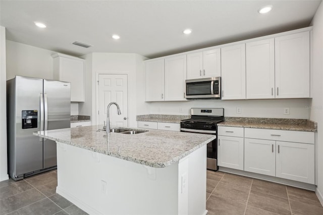 kitchen with white cabinets, a kitchen island with sink, visible vents, appliances with stainless steel finishes, and a sink