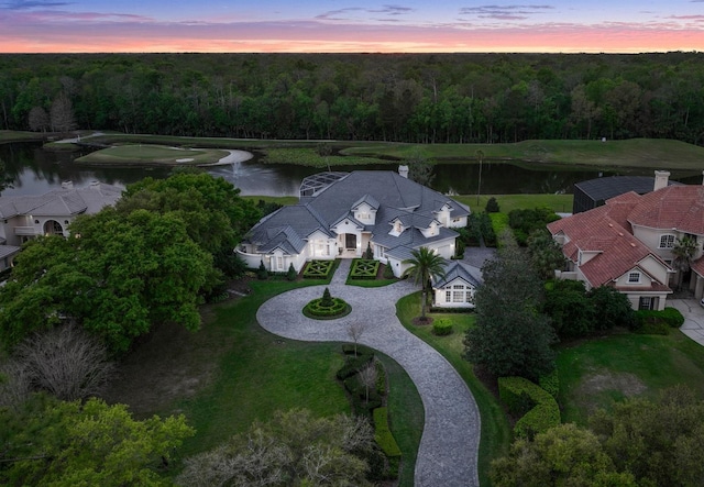 birds eye view of property featuring a view of trees and a water view