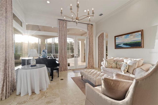 living area featuring visible vents, french doors, arched walkways, an inviting chandelier, and crown molding