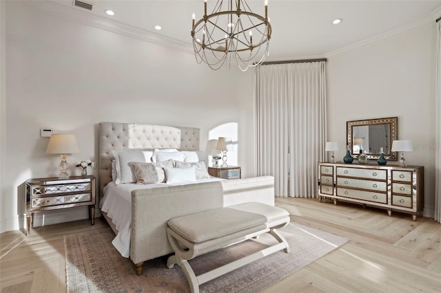 bedroom with recessed lighting, visible vents, a chandelier, and ornamental molding