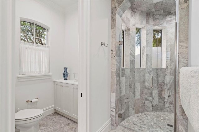 bathroom with a marble finish shower, baseboards, toilet, ornamental molding, and marble finish floor