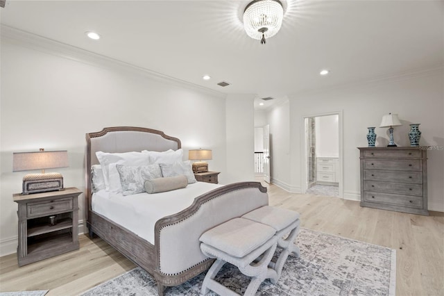 bedroom featuring visible vents, baseboards, ornamental molding, recessed lighting, and wood finished floors