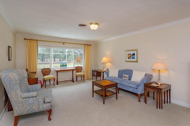 living area with visible vents, baseboards, carpet flooring, and crown molding