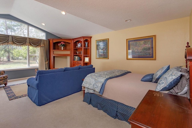 bedroom with carpet flooring, recessed lighting, a textured ceiling, and lofted ceiling