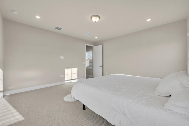 bedroom with visible vents, recessed lighting, baseboards, and carpet floors