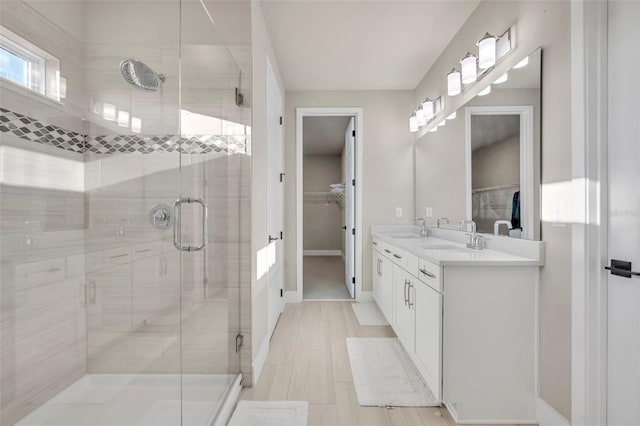 bathroom featuring a walk in closet, double vanity, a stall shower, and a sink