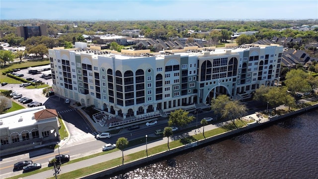 bird's eye view with a water view