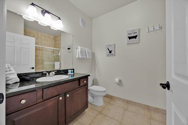 full bath featuring tile patterned floors, toilet, a stall shower, and vanity