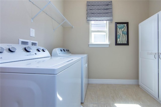 laundry room with laundry area, washing machine and dryer, and baseboards