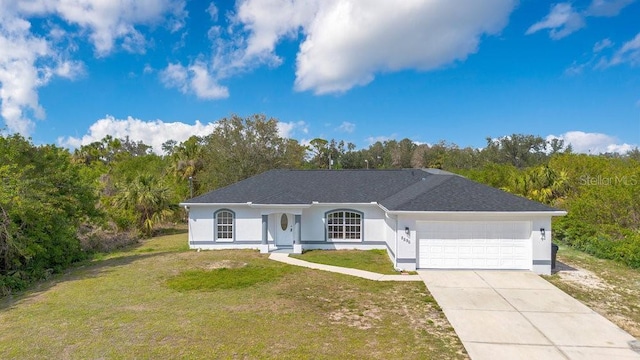 single story home featuring a garage, stucco siding, concrete driveway, and a front lawn