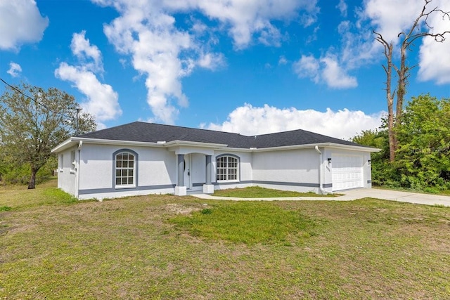 ranch-style home with stucco siding, driveway, a front lawn, and an attached garage