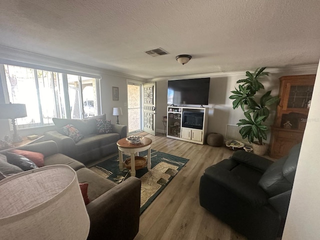 living area featuring visible vents, ornamental molding, a textured ceiling, wood finished floors, and a fireplace