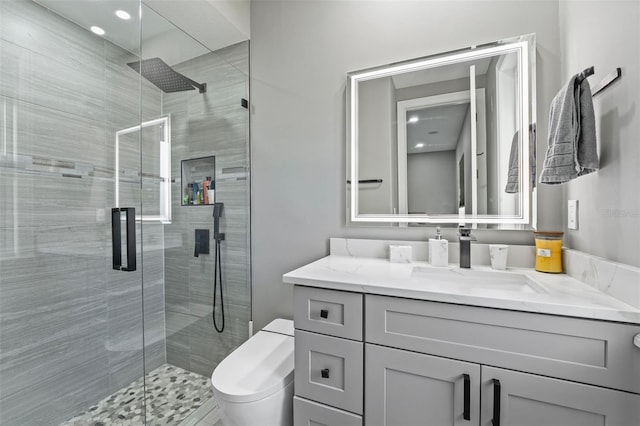 bathroom featuring toilet, a stall shower, and vanity