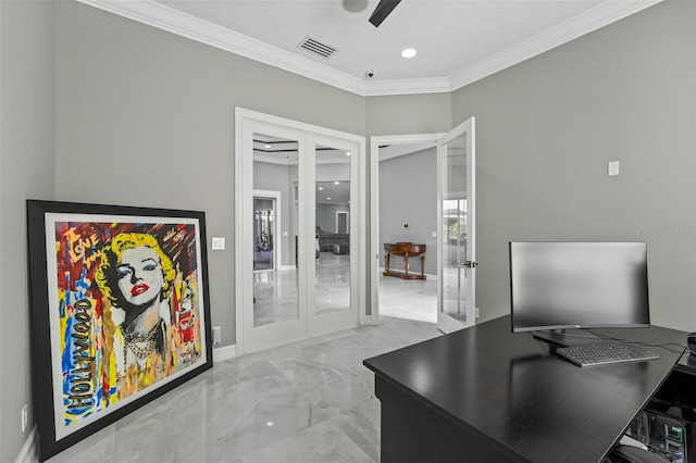 office area featuring visible vents, ceiling fan, ornamental molding, french doors, and marble finish floor