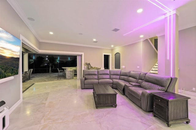 living area featuring visible vents, baseboards, stairway, ornamental molding, and recessed lighting