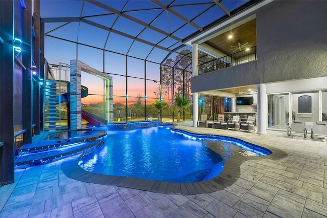 4205 Clarice Ct, Windermere, FL 34786 - outdoor pool featuring outdoor lounge area, a patio area, ceiling fan, a lanai, and a hot tub