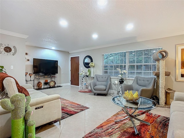 living area with crown molding, light tile patterned floors, recessed lighting, and a textured ceiling