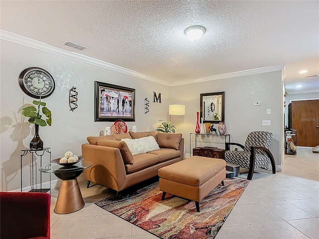 living area featuring light tile patterned floors and ornamental molding