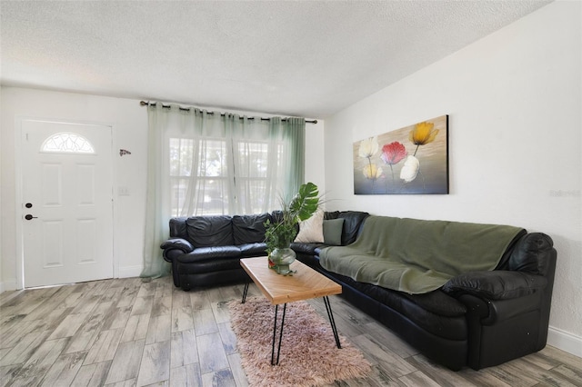 living area with baseboards, a textured ceiling, and wood finished floors