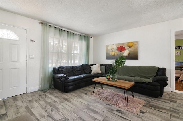 living area featuring baseboards, a textured ceiling, and wood finish floors