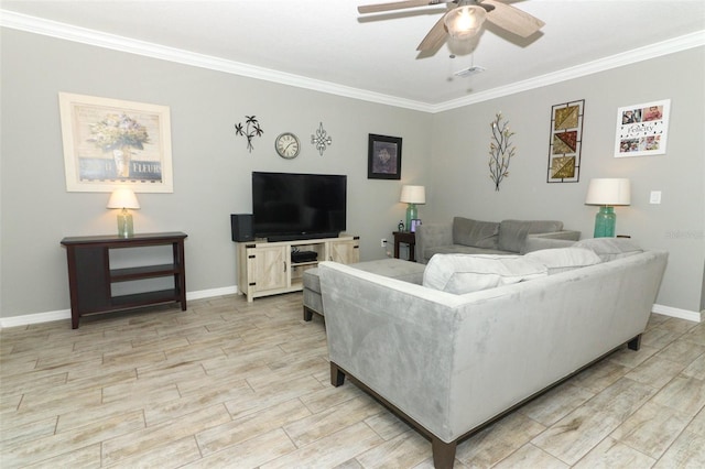 living area with visible vents, ornamental molding, baseboards, ceiling fan, and wood tiled floor