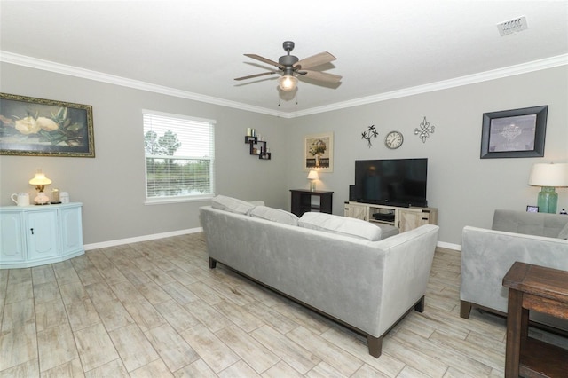 living room with ceiling fan, baseboards, visible vents, and ornamental molding