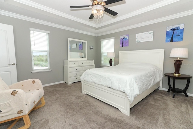 bedroom with a ceiling fan, light colored carpet, baseboards, and ornamental molding