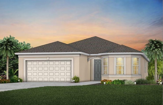 single story home featuring concrete driveway, roof with shingles, stucco siding, a yard, and a garage