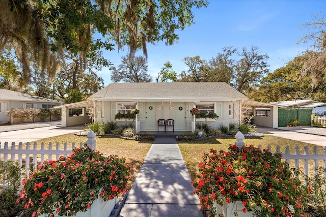 view of front of home featuring an attached carport, concrete driveway, a front yard, and a fenced front yard