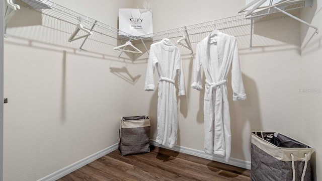 walk in closet with wood finished floors