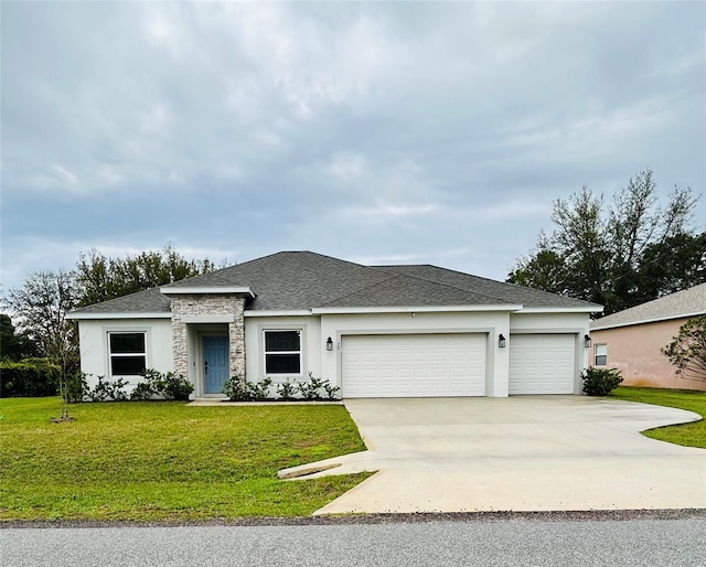 view of front of house with a front yard, a shingled roof, stucco siding, concrete driveway, and a garage