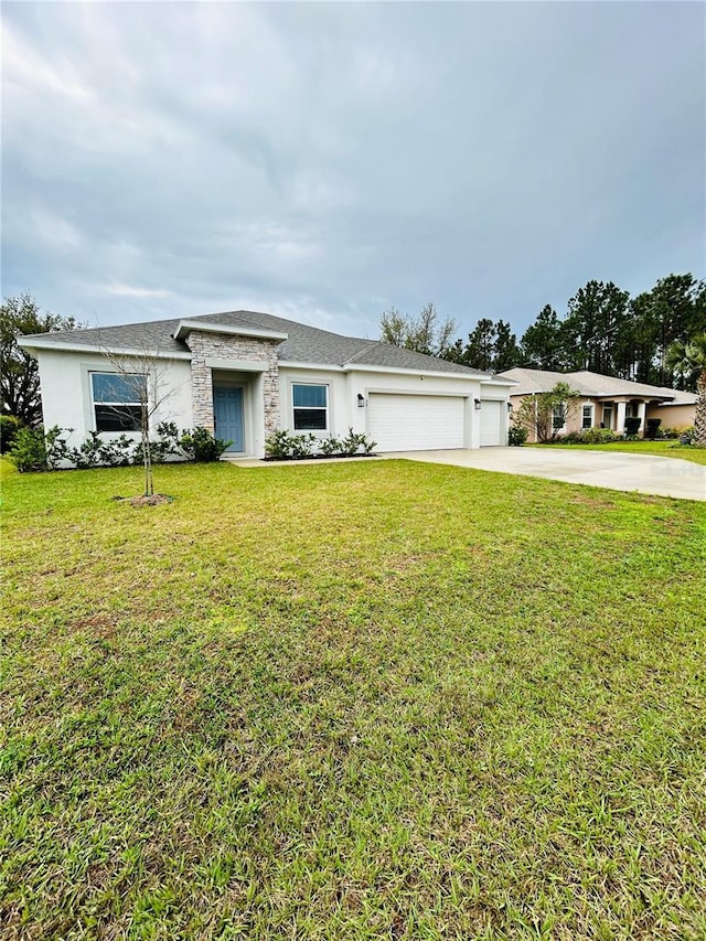 view of front of house with driveway, stucco siding, a front lawn, stone siding, and a garage