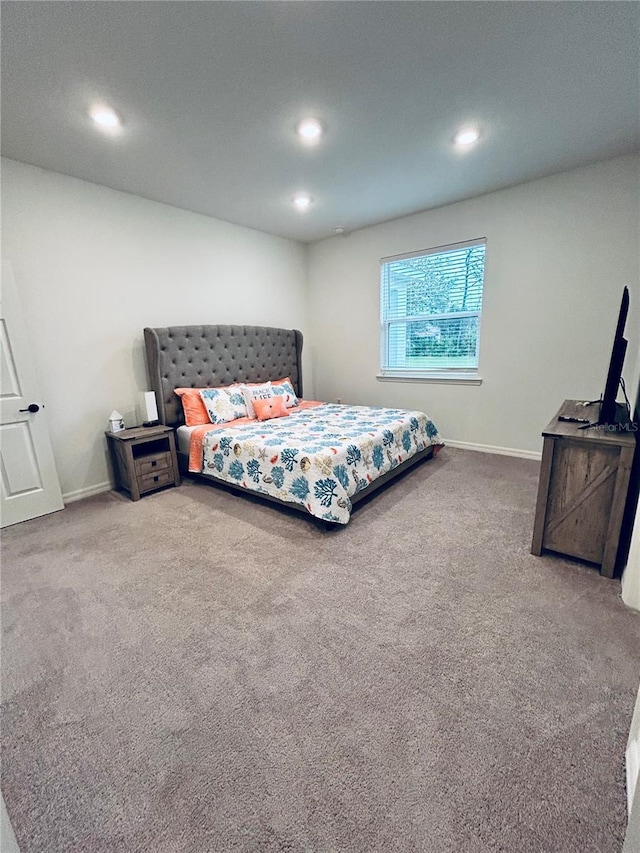 bedroom featuring carpet flooring, recessed lighting, and baseboards