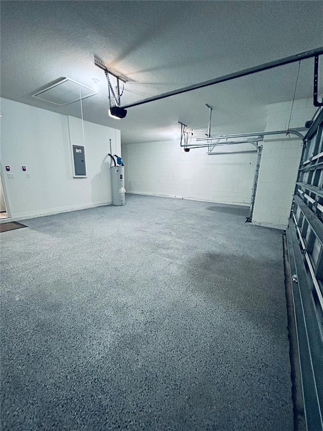 garage featuring water heater, concrete block wall, a garage door opener, and electric panel