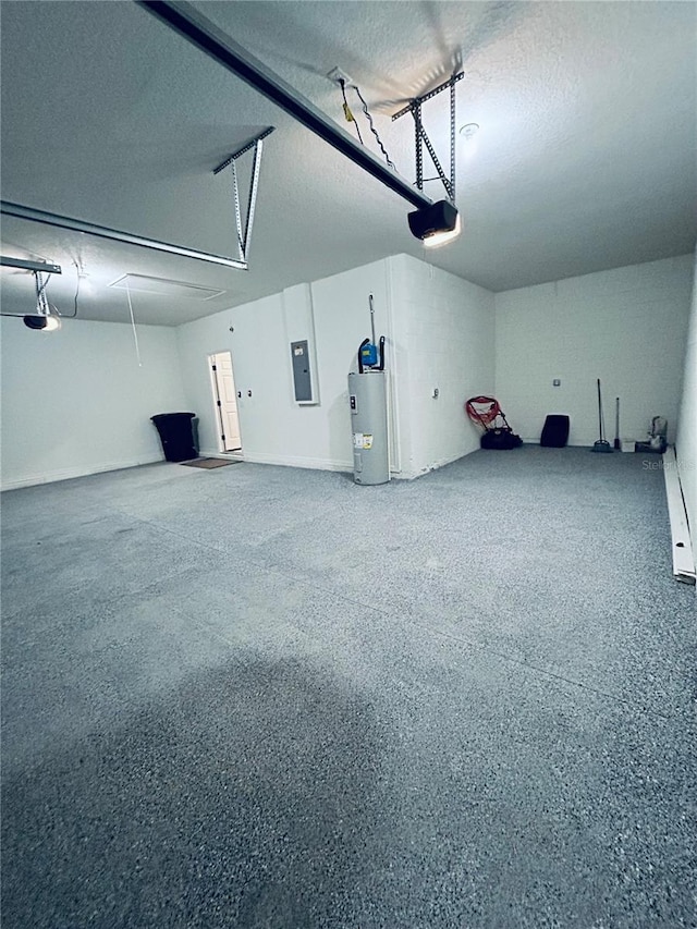 garage featuring electric panel, a garage door opener, and water heater