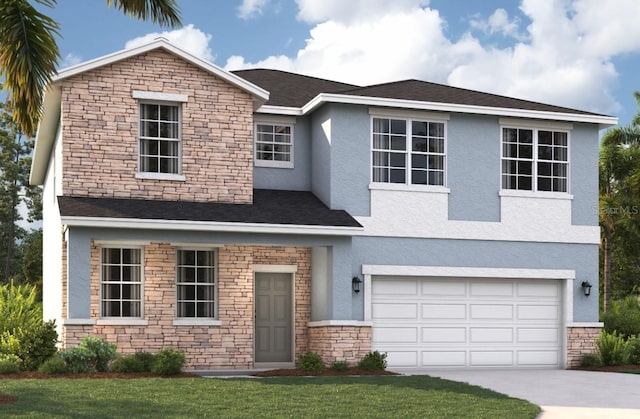 view of front facade with concrete driveway, an attached garage, stone siding, and stucco siding