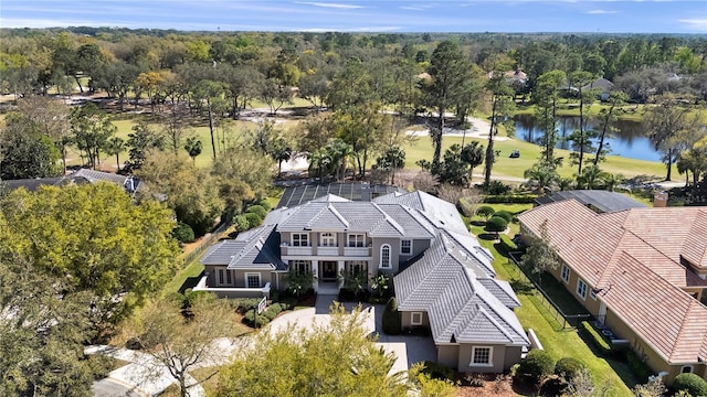 drone / aerial view featuring a water view